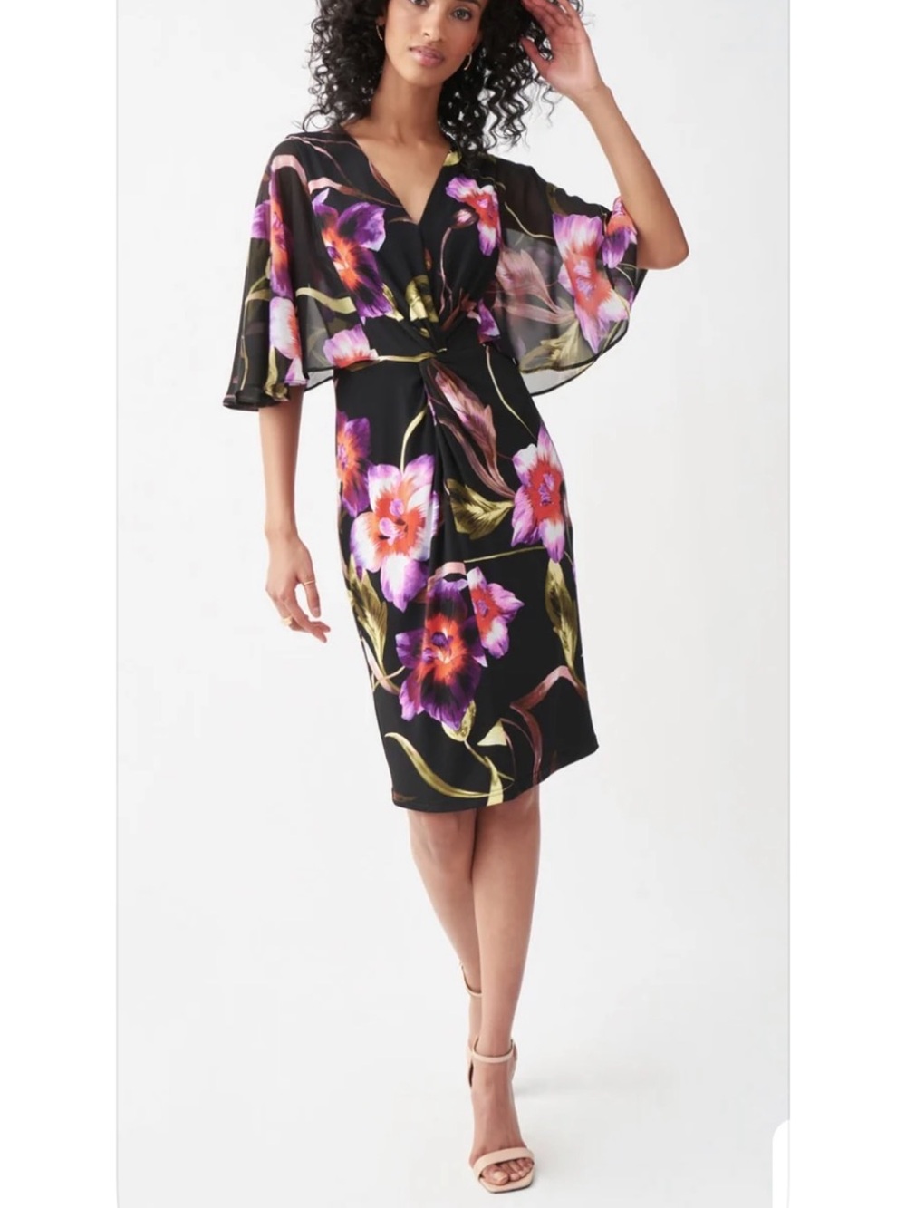 Joseph Ribkoff Black Midi Dress with Purple & Pink Floral Print